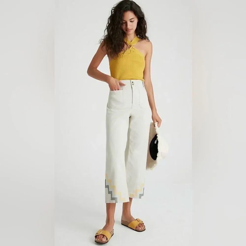 Maeve Anthropologie Khaki Hallee Embroidered Wide-Leg Pants Cropped